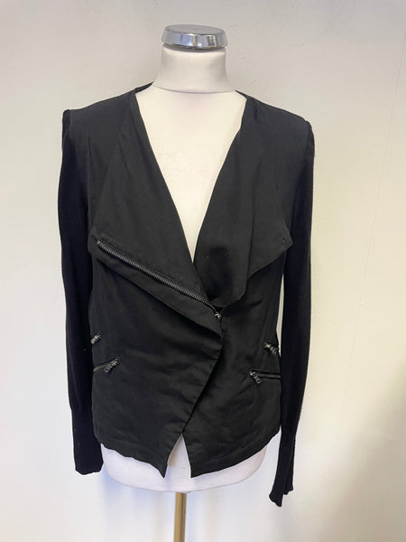 MINT VELVET BLACK ZIP FRONT LONG SLEEVED PART KNIT CARDIGAN/JACKET SIZE 10
