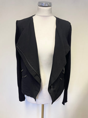 MINT VELVET BLACK ZIP FRONT LONG SLEEVED PART KNIT CARDIGAN/JACKET SIZE 10