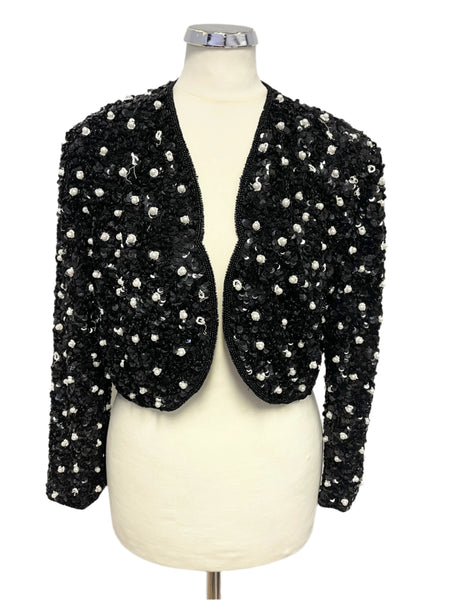 VINTAGE ROOTS BLACK PEARL & SEQUINNED SPECIAL OCCASION BOLERO JACKET SIZE 14