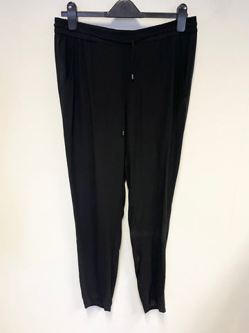 EILEEN FISHER 100% SILK BLACK ELASTICATED WAIST TAPERED LEG TROUSERS SIZE APPROX UK 14-18