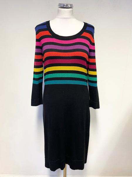 HOBBS BLACK & MULTI COLOURED STRIPE BODICE 3/4 SLEEVE KNIT DRESS SIZE 14