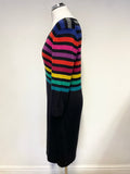 HOBBS BLACK & MULTI COLOURED STRIPE BODICE 3/4 SLEEVE KNIT DRESS SIZE 14