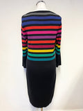 HOBBS BLACK & MULTI COLOURED STRIPE BODICE 3/4 SLEEVE KNIT DRESS SIZE 14