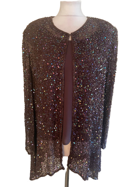 FRANK USHER 100% SILK BROWN SEQUINNED OVER SHIRT/ JACKET & VEST TOP SIZE 12/M