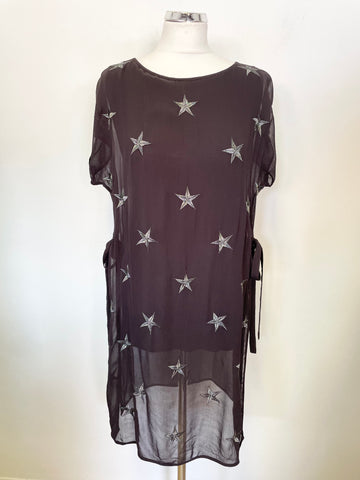 MINT VELVET BLACK WITH SILVER STAR EMBROIDERED SHEER OVERLAY TUNIC TOP SIZE 12