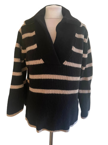 REISS HARPER BLACK & BEIGE STRIPED CHUNKY KNIT RELAXED FIT JUMPER SIZE XS