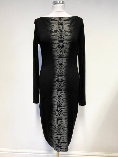 ISABEL DE PEDRO BLACK & GREY PATTERNED FRONT PANEL STRETCH JERSEY DRESS SIZE 16