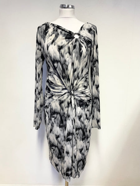 MICHAEL KORS GREY PRINT STRETCH JERSEY LONG SLEEVED DRAPED PENCIL DRESS SIZE M