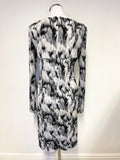 MICHAEL KORS GREY PRINT STRETCH JERSEY LONG SLEEVED DRAPED PENCIL DRESS SIZE M