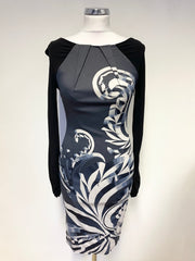 KAREN MILLEN BLACK & GREY PRINT LONG SLEEVED PENCIL DRESS SIZE 10
