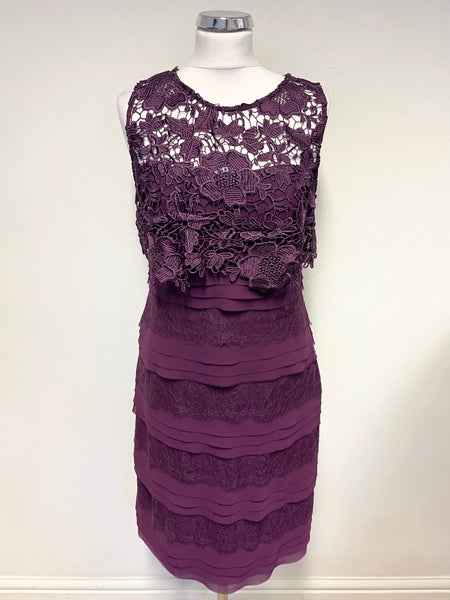 PHASE EIGHT AUBERGINE LACE TIERED SLEEVELESS SPECIAL OCCASION PENCIL DRESS SIZE 12