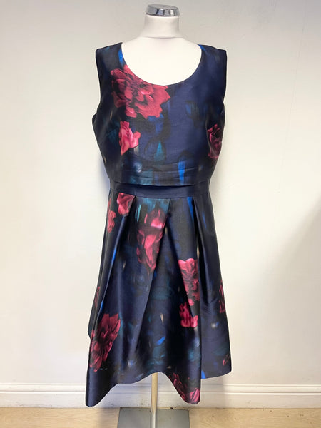 JACQUES VERT NAVY BLUE ROSE PRINT SLEEVELESS FIT & FLARE OCCASION DRESS SIZE 14