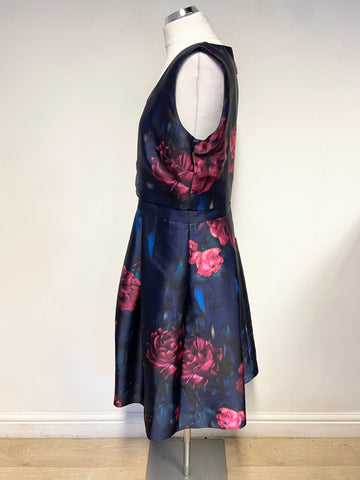 JACQUES VERT NAVY BLUE ROSE PRINT SLEEVELESS FIT & FLARE OCCASION DRESS SIZE 14