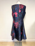 JACQUES VERT NAVY BLUE ROSE PRINT SLEEVELESS FIT & FLARE OCCASION DRESS SIZE 14