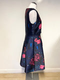 JACQUES VERT NAVY BLUE ROSE PRINT SLEEVELESS FIT & FLARE OCCASION DRESS SIZE 14