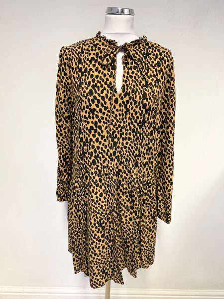 OLIVER BONAS TAN & BLACK PRINT LONG SLEEVED RELAXED FIT DRESS SIZE 10
