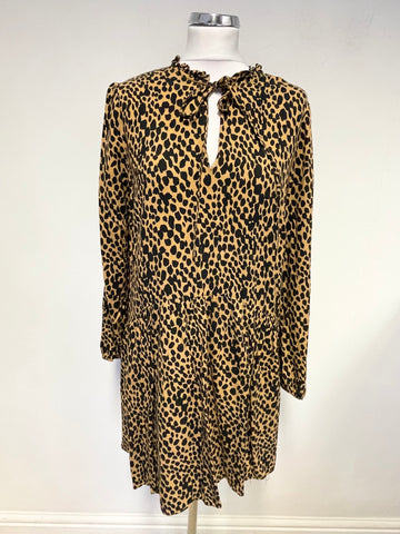 OLIVER BONAS TAN & BLACK PRINT LONG SLEEVED RELAXED FIT DRESS SIZE 10