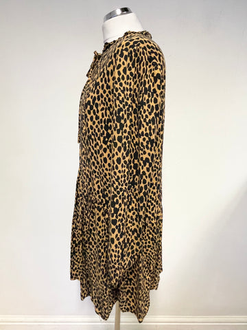 OLIVER BONAS TAN & BLACK PRINT LONG SLEEVED RELAXED FIT DRESS SIZE 10