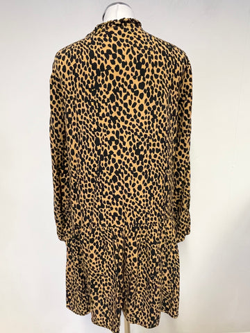 OLIVER BONAS TAN & BLACK PRINT LONG SLEEVED RELAXED FIT DRESS SIZE 10
