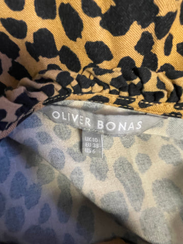 OLIVER BONAS TAN & BLACK PRINT LONG SLEEVED RELAXED FIT DRESS SIZE 10
