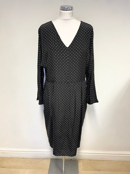 JAEGER 100% SILK BLACK & WHITE SPOT LONG SLEEVED OCCASION DRESS SIZE 16