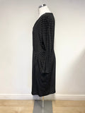 JAEGER 100% SILK BLACK & WHITE SPOT LONG SLEEVED OCCASION DRESS SIZE 16
