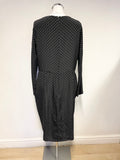 JAEGER 100% SILK BLACK & WHITE SPOT LONG SLEEVED OCCASION DRESS SIZE 16