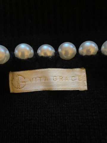 VITA GRACE MOLLY BLACK PEARL BEAD TRIMMED CARDIGAN ONE SIZE