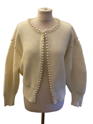VITA GRACE MOLLY WINTER WHITE PEARL BEAD TRIMMED CARDIGAN ONE SIZE