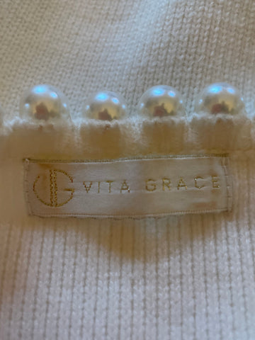 VITA GRACE MOLLY WINTER WHITE PEARL BEAD TRIMMED CARDIGAN ONE SIZE