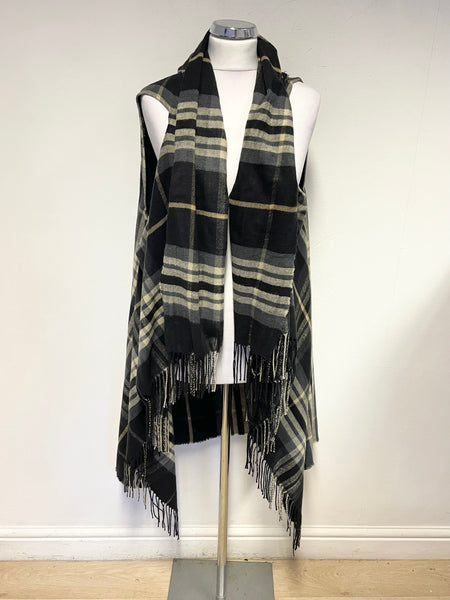 BRAND NEW MARKS & SPENCER BLACK, GREY, CAMEL & CREAM CHECK FRINGED SLEEVELESS WRAP