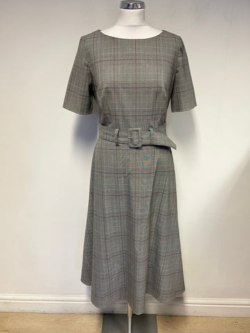 MARKS & SPENCER GREY CHECK SHORT SLEEVED BELTED FIT & FLARE MIDI DRESS SIZE 10L