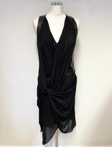 HELMUT LANG BLACK SILK LINED DRAPED LAMBS LEATHER TRIM SLEEVELESS DRESS SIZE 6 UK 10