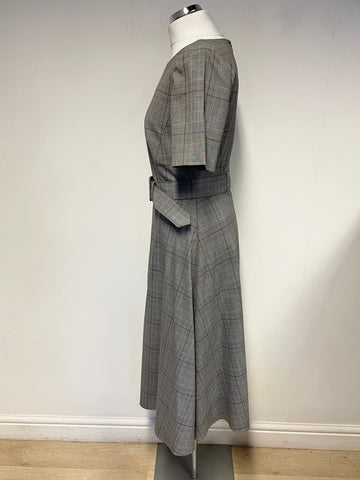MARKS & SPENCER GREY CHECK SHORT SLEEVED BELTED FIT & FLARE MIDI DRESS SIZE 10L