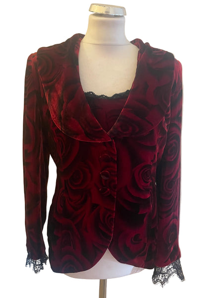 MICHEL AMBERS RED ROSE PRINT VELVET JACKET & FINE STRAP TOP  SIZE 12
