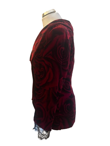 MICHEL AMBERS RED ROSE PRINT VELVET JACKET & FINE STRAP TOP  SIZE 12