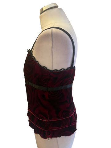 MICHEL AMBERS RED ROSE PRINT VELVET JACKET & FINE STRAP TOP  SIZE 12