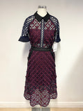BRAND NEW SELF-PORTRAIT BURGUNDY & NAVY FLORAL GRID MIDI DRESS SIZE 8