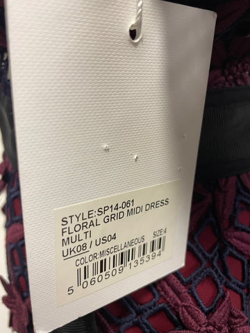 BRAND NEW SELF-PORTRAIT BURGUNDY & NAVY FLORAL GRID MIDI DRESS SIZE 8
