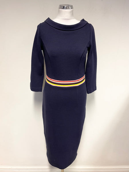 BRAND NEW BODEN NAVY BLUE & MULTI COLOURED STRIPE WAIST PENCIL DRESS SIZE 10L