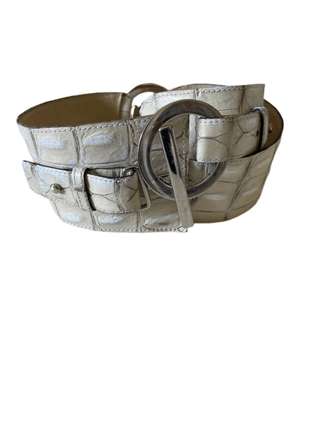 UNBRANDED CREAM LEATHER SILVER RING & BAR FASTEN SHAPED BELT SIZE 85 CMS