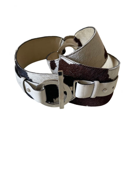 UNBRANDED BROWN & CREAM PONY SKIN SILVER RING & BAR FASTEN BELT SIZE 90 CMS