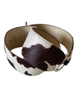 UNBRANDED BROWN & CREAM PONY SKIN SILVER RING & BAR FASTEN BELT SIZE 90 CMS