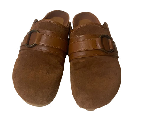 SEE BY CHLOE GEMA TAN SUEDE & LEATHER BRASS RING STRAP SLIP ON MULES SIZE 5/38