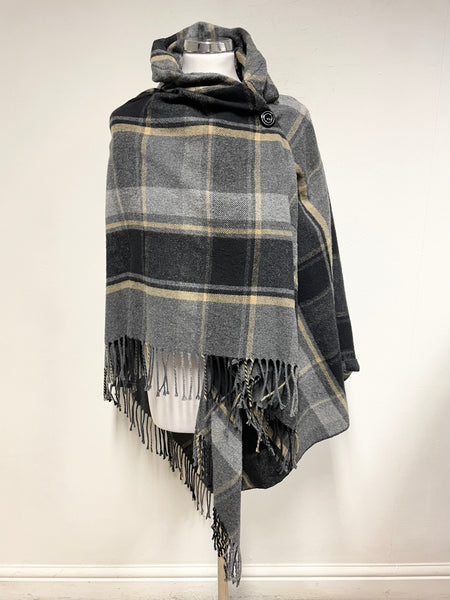UNBRANDED GREY,BLACK & CAMEL CHECK WRAP AROUND FRINGED BUTTON FASTEN CAPE/WRAP SIZE S/M