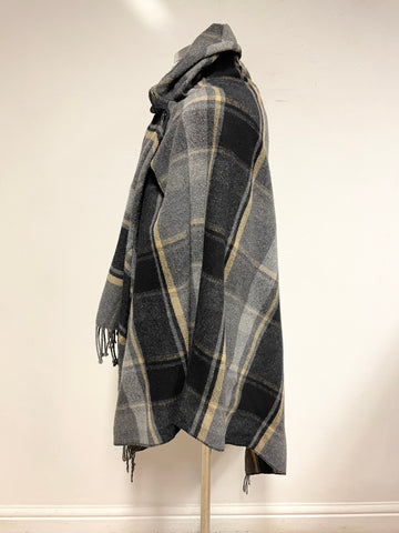 UNBRANDED GREY,BLACK & CAMEL CHECK WRAP AROUND FRINGED BUTTON FASTEN CAPE/WRAP SIZE S/M