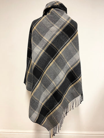 UNBRANDED GREY,BLACK & CAMEL CHECK WRAP AROUND FRINGED BUTTON FASTEN CAPE/WRAP SIZE S/M
