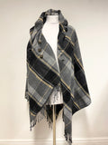 UNBRANDED GREY,BLACK & CAMEL CHECK WRAP AROUND FRINGED BUTTON FASTEN CAPE/WRAP SIZE S/M