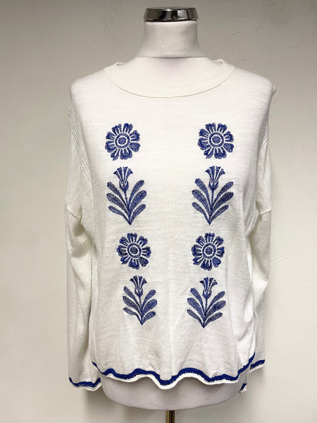 JIGSAW WHITE & BLUE EMBROIDERED COTTON & LINEN BLEND JUMPER SIZE S