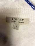 JIGSAW WHITE & BLUE EMBROIDERED COTTON & LINEN BLEND JUMPER SIZE S